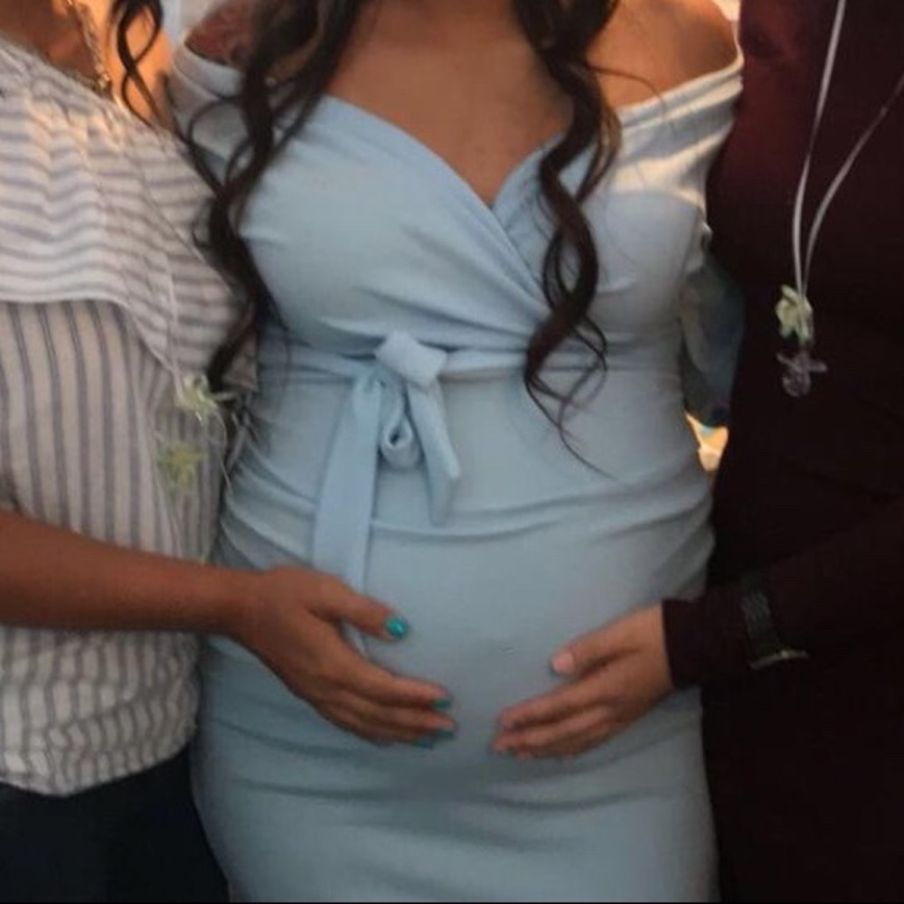 Maternity off the shoulder wrap midi dress.